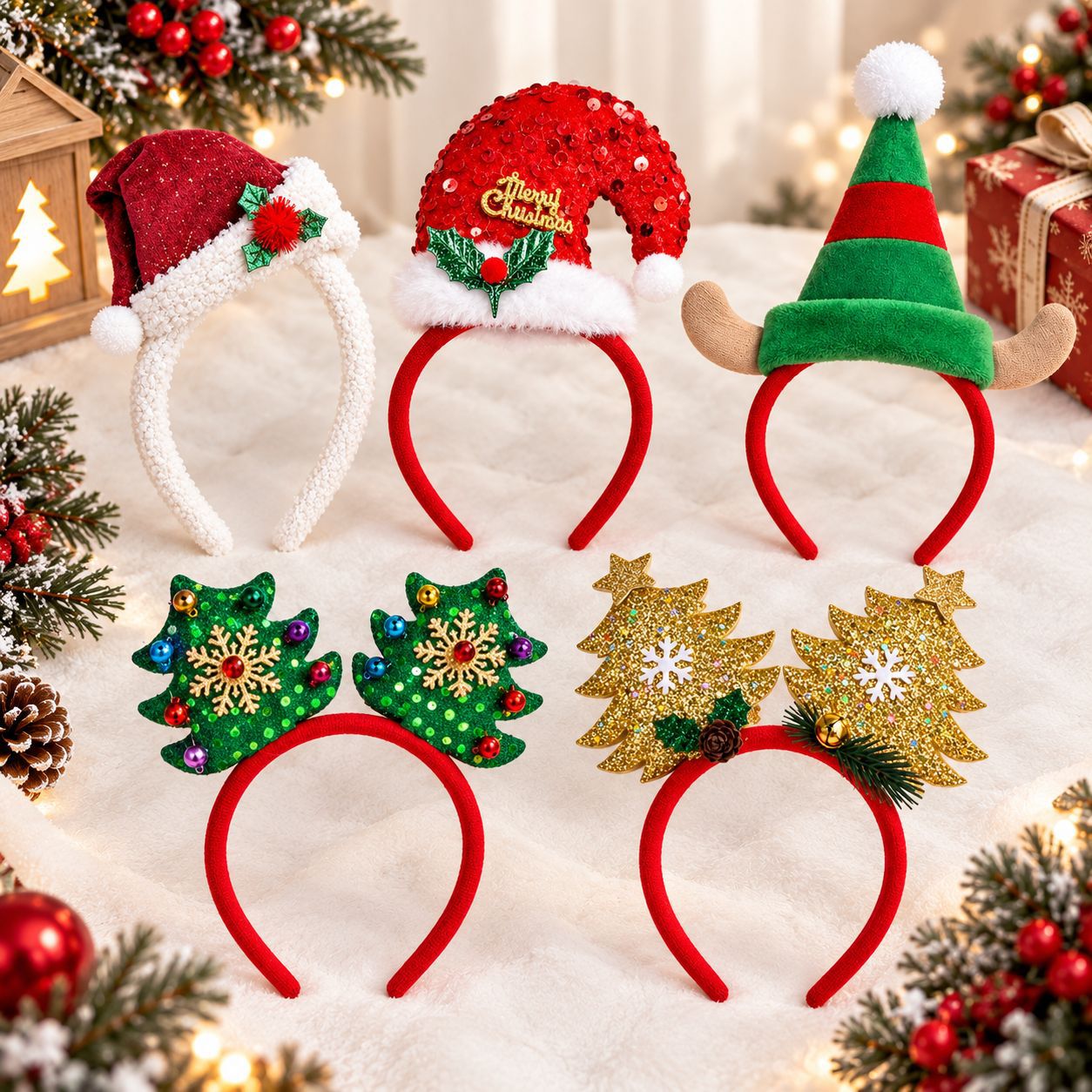 Reindeer Antlers Headband - Weihnachts-Stirnband mit Weihnachtsmann-Mütze, Plüsch-Weihnachtsbaum, Rentiergeweih-Haarband, Frohe